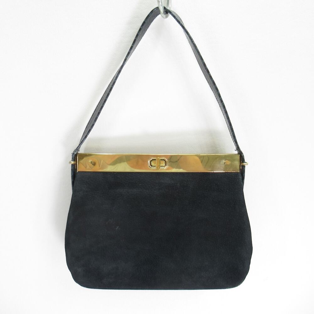 Vintage Block Handbag Black Suede Gold Hinged Satchel Evening Bag Satin Lined